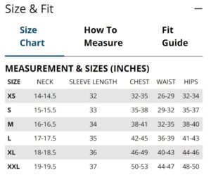 Members Only Size Chart